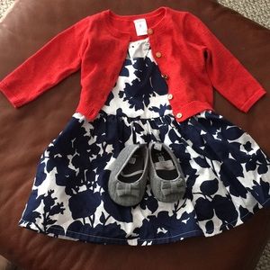6 mo Carter’s Dress & Cardigan w/Gray 0-3 mo shoes